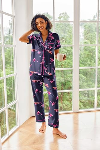 Image of Ekouaer 2 Piece Satin Short Sleeve Pajamas Set Button Down Sleepwear | Soft Pjs Set Classic Loungewear for Wedding, Party, Home, Daily Wear, Date Nights