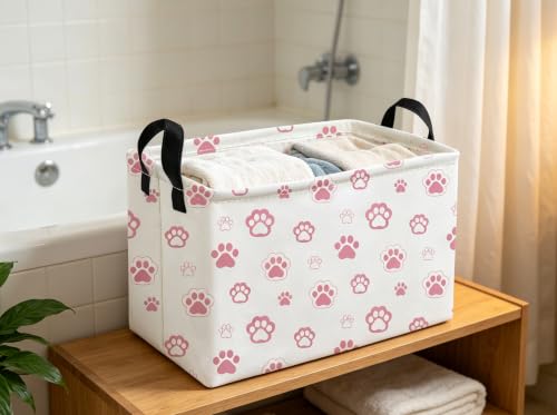 Image of Essme Rectangular Pink Baskets,Dog Basket with Handles for Room Decor, Book Bins,Shelf Basket.(Pink Dog