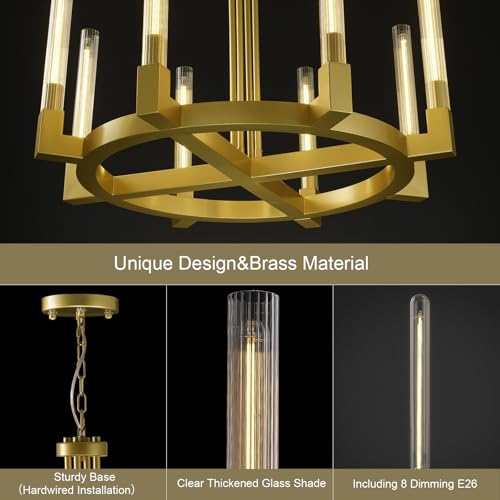 36 Inch Brass Wagon Wheel Chandelier with Knurled Glass Shade,8-Lights Gold Modern Farmhouse Chandeliers for High Ceilings,Large Round chandeliers for Dining Room,Living Room,Bedroom,Foyer,Entryway