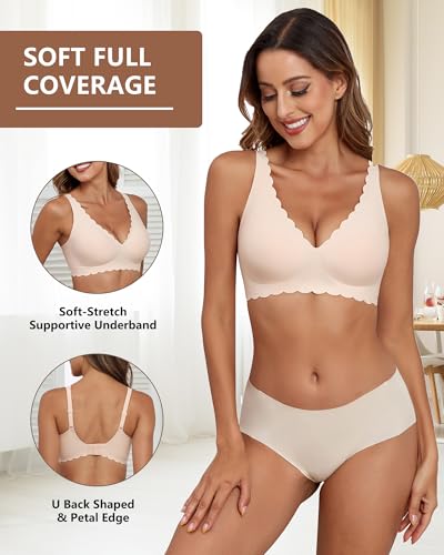 Image of Xcutting Deep V Bras Wireless Bra No Underwire Supportive Scalloped Seamless Bralettes Petal Wavy Women Jelly Bras for Women