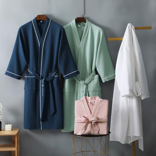 Unisex 100% cotton Waffle Knit Robe V Neck Midi Kimono Robes Soft Lightweight Spa Bathrobe with Pockets3