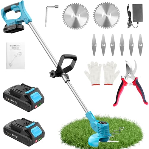 Desbrozadora Bateria 21V, Desbrozadora Electrica con 2 Baterías 2.0Ah, 2 Tipos de Metal Cuchillas Cortabordes Bateria, Tijeras de Podar, Desbrozadora Inalámbrica Cabeza Ajustable para Jardín (Azul)