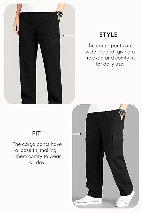 Image of Men's Pure Cotton Cargo Pants | Relaxed Fit Casual Trousers with Side Utility Pockets | Solid Comfortable Cotton Cargo for Outdoor Activities & Travel