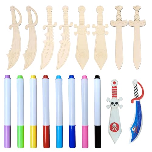 Sztqqing Épée en Bois Pirate pour Enfants - 8 Pièces à Peindre avec 8 Stylos de Couleur, Décoration Anniversaire Pirate et Cadeau Créatif pour Fête...