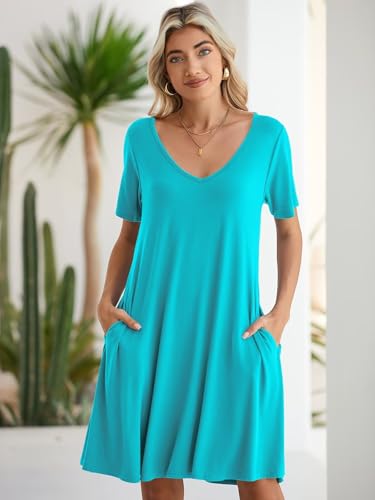 Image of BELAROI Women Casual Summer Dresses Loose Tshirt Beach Sundress V Neck Plus Size Swing Tunic Pockets