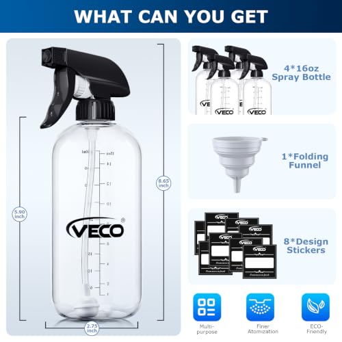 Veco Lot de 4 flacons pulvérisateurs gradués de 453,6 g — Pulvérisation à 360° sous n'importe quel angle pour une dilution facile, flacons pulvérisateurs résistants aux fuites pour le nettoyage, les plantes, les cheveux et les animaux domestiques + entonnoir pliable – Image 4