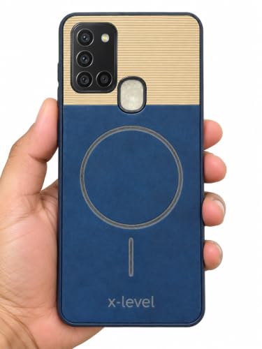 Image of Bintage Dual-Leather Mac Safe Design Phone Case| Soft Touch Finish | Full Camera Protectection Back Cover Compatible for Samsung A21s 4G / SM-A217F - Blue & White