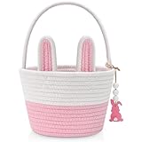 Easter Baskets for Kids, Pink Small Woven Rope Bunny Personalized Easter Basket Empty with Handle, Basket Name Tag, Baby Egg Easter Baskets Gifts for Girls Boys Toddler Babies, 8.7