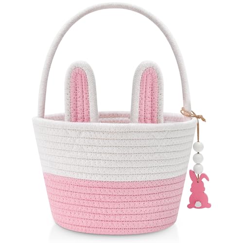 Easter Baskets for Kids, Pink Small Woven Rope Bunny Personalized Easter Basket Empty with Handle, Basket Name Tag, Baby Egg Easter Baskets Gifts for Girls Boys Toddler Babies, 8.7