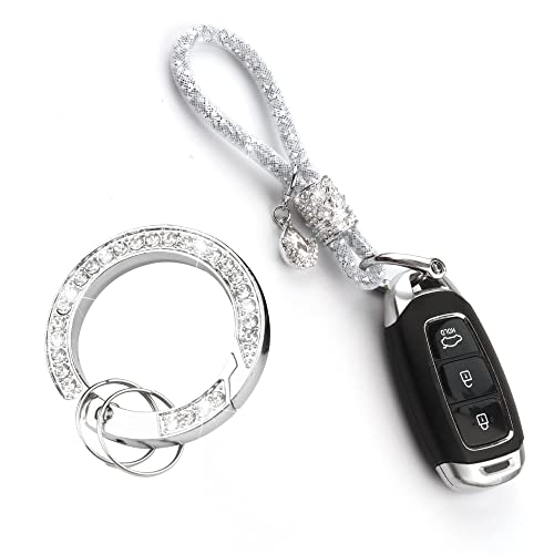 Fehlot Car Keychain for Women,Keychain Accessories With Bling Rhinestones,Car Key Chains Fashionable Glitter Key Ring with Horseshoe Buckle Screwdriver (White)