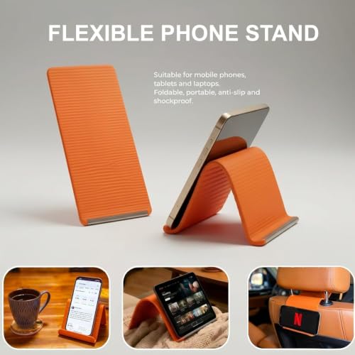 Image of Flexible Silicone Phone Stand, Foldable Bendable Mobile Holder for Desk, Adjustable Anti-Slip Stand for Smartphones, Tablets and Lightweight Laptops, Portable Orange Device Support