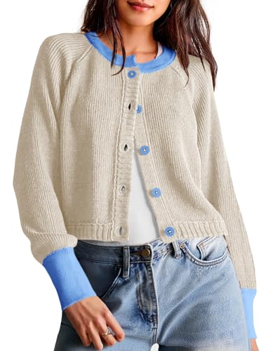 Saodimallsu Womens Cropped Cardigan Sweaters Button Down Open Front Long Sleeve Fall Trendy Color Block Knit Coats