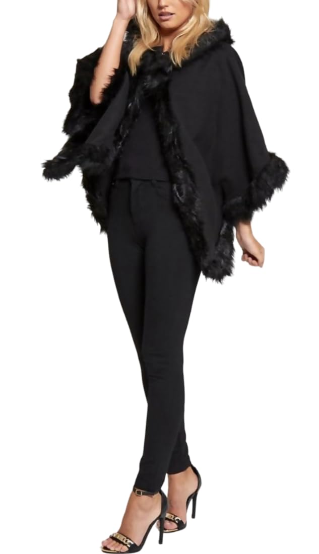 Fashionism Women's Black Batwing Sleeve Fur Lined Hooded Cape Poncho Loose Fit Trims Faux Fur Shawl Hooded Poncho Coat Warm Cardigan