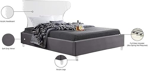 Vista 5 de Meridian Furniture Colección Ghost Modern Cama tapizada de terciopelo contemporánea con cabecera y patas acrílicas, tamaño matrimonial, color gris