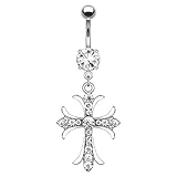 VERAMI 14G 316L Celtic Cross Belly Button Ring Surgical Steel Paved Gems Dangling Belly Button Ring Body Piercing Jewelry