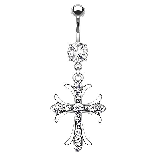 VERAMI 14G 316L Celtic Cross Belly Button Ring Surgical Steel Paved Gems Dangling Belly Button Ring Body Piercing Jewelry