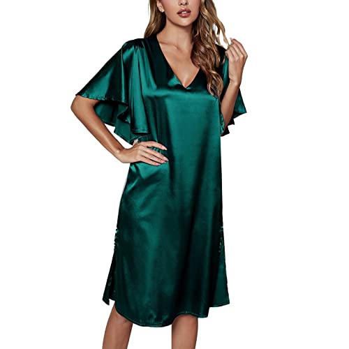 Generisch Ropa de dormir para mujer, vestido de seda, manga corta, elegante, vestido de seda, cuello en V, vestido informal Au Genou, camiseta de dormir simple, holgada, monocolor, bata de casa