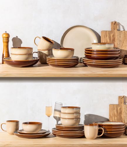Image of LERATIO Ceramic Dinnerware Sets for 4, 12 Pieces Ceramic Plates and Bowls Sets, Scratch Resistant Dish Set, Oven, Microwave & Dishwasher Safe-Pale Kahki