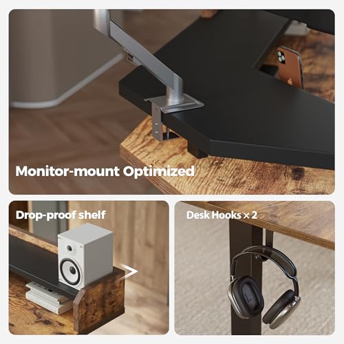 Image of Agilestic L Shaped Standing Desk, Adjustable Height Corner Gaming Desk with Shelf, Sit Stand Up Desk, 63 x 55 Inch Home Office Computer Table, Rustic Brown