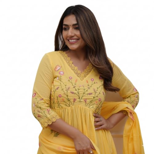 Image of Traditional Floral Embroidered Cotton Kurta Set with Dupatta