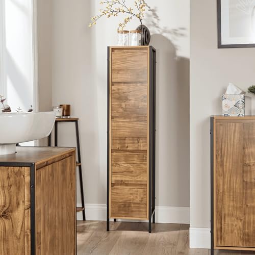 Home Source 5 Drawer Tower Bathroom Unit – Tall Oak-Style 