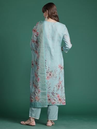 Image of INDO ERA Women's Straight Linen Floral Embroidered Kurta & Pant With Dupatta Set (IESTR10644)