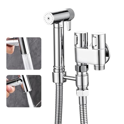 WRKMH Doccetta per Bidet Cromo Spruzzatore per Bidet Ottone Idroscopino per WC, con Uno Dentro Due Fuori Valvola ad Angolo, Spruzzatore a Doppia Funzione in Ottone, 1.2M Tubo Doccia