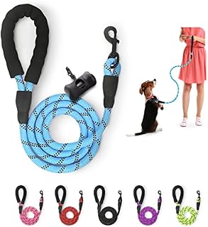 FurDreams 5ft Strong Dog Lead Rope with Soft Padded Handle and Highly Reflective Threads - Blue | Rope Dog Leash for Large Dogs, Medium Dogs, and Small Dogs | Includes a Free Waste Bag Dispenser