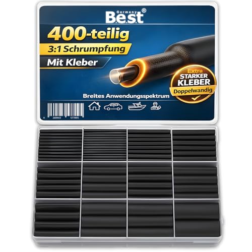 Schrumpfschlauch Set 400 Stück wasserdicht mit Innenkleber, 3:1 Schrumpfverhältnis, PVC hitzebeständig & flammhemmend, für Kabelisolierung, KFZ, Elektrik, Lötstellen, Reparatur, DIY