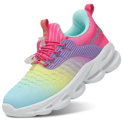 Fulkid Boys Girls Kids Shoes Lightweight Girls Sneakers Breathable Sneakers for Boys with Bungee Lace Kids Tennis Shoes Colorful Size 13