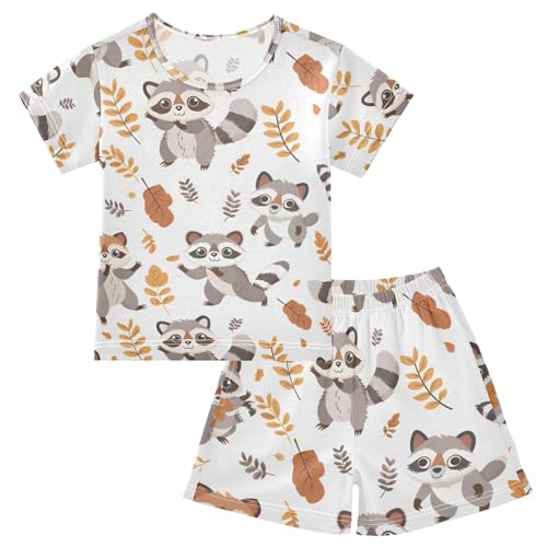 ALAZA Cute Racoon Leaf Pajamas Short Sleeve 2 Piece Sleepwear Top and Bottom Pajama Set Unisex