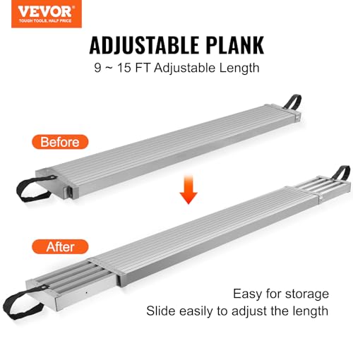 VEVOR Telescoping Aluminum Work Plank, 9-15 Feet 500lbs Capacity, 12.5 inch Width Aluminum Scaffold Plank,Extension Staging Plank with Skid-Proof Platform Scaffold Ladder Accessory