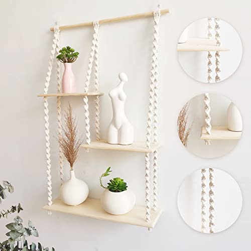 Macrame Wall Hanging Shelf With Three Wooden Shelves Boho Hanging Plant Shelf Boho Wall Decor Hand Woven Natural Rope Floating Shelf For Window Bedroom Bathroom Decorations (Style B) #TOP5