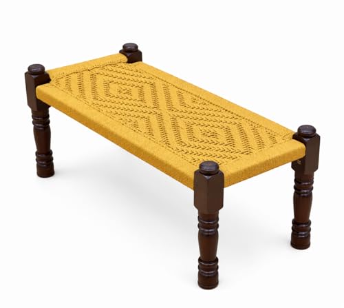 Image of Handwoven Wooden Bench | Traditional Rope Charpai Stool | Solid Wood Frame Seating for Living Room, Balcony & Outdoor | Durable & Stylish Design (Yellow)