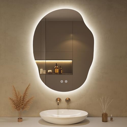 OUMUSU Spiegel mit Beleuchtung Asymmetrischer LED Badspiegel 56 x 76 cm mit Touch-Schalter, Dimmbar 3 Lichtfarbe Einstellbare, Beschlagfrei Badezimmerspiegel mit Beleuchtung, Bruchsicher