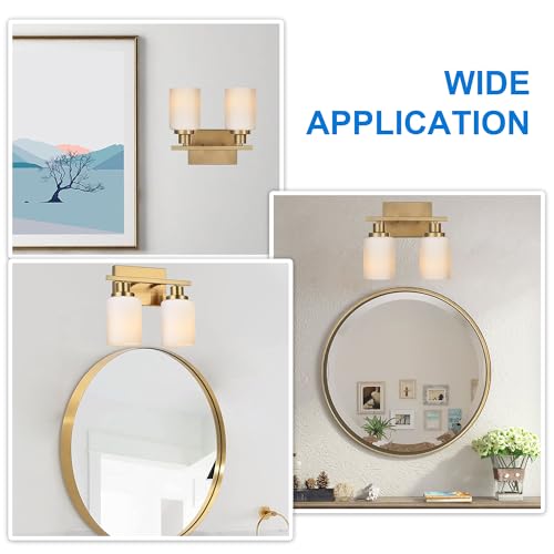 Image of MELUCEE Bathroom Light Fixtures Brushed Brass, 2-Light Bathroom Vanity Light with Milky White Glass Shades E26 Sockets, Bathroom Lights Over Mirror Wall Lights for Bedroom Hallway Living Room