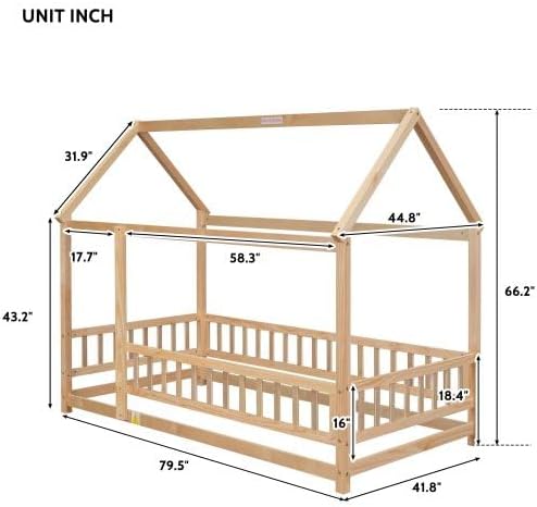 Miniatura 24 de Cama de suelo de tamaño matrimonial con valla para niños pequeños, cama Montessori con techo de casa, marco de cama de piso de madera matrimonial