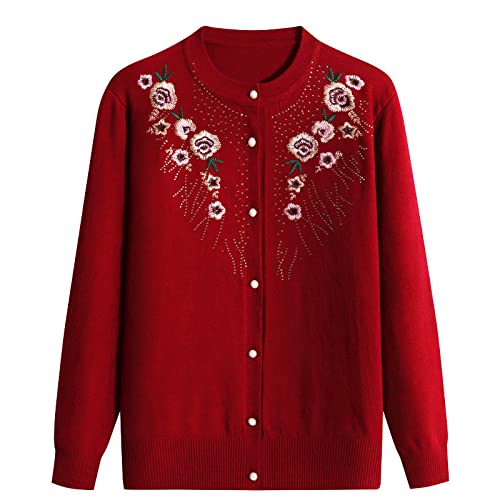 CBROOT Mediana Edad Mayores Jersey De Punto para Mujer - Bordado De Mujer Tejer Cardigan Primavera Otoño Slim Jersey De Manga Larga Abrigo De Un Solo Pecho 50-80 Años De Edad, Rojo Oscuro, XL