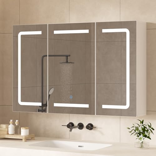 Hasuit Medicine Cabinet Organizer with Mirror, Lighted Bathroom Medicine Cabinet with Storage, 3 Doors Bathroom Wall Cabinet with LED Lights, Adjustable Shelves & Outlets, 35.4'' x 23.6'', White