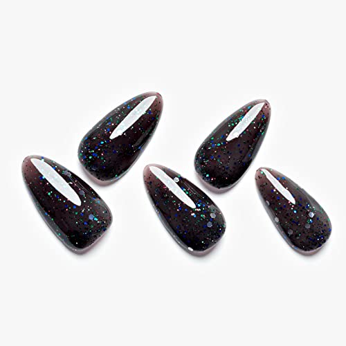 GLAMERMAID Jelly Press on Nails - Handmade Gel Nails Series | Black Glitter Fake Nails Medium Almond Shape Galaxy Acrylic False Nail Kits Stick Glue on Nails Sets Reusable Full Cover for Women Girls Gift, 24Pcs