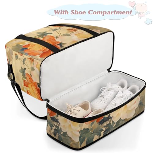 Large Weekender Overnight Bags Ethnic Flower Peony Travel Duffel Bag for Women Men Gym Bag With Shoe Compartment Foldie Travel Tote Bag Carry On Personal Item Bag for Travel Gym Sports4
