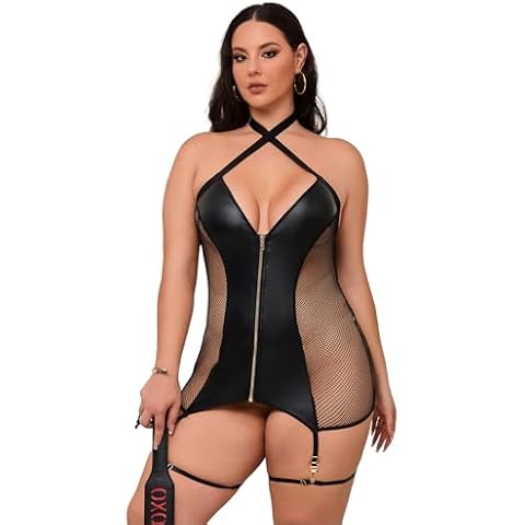 sunshinelady Leather Lingerie with Garter Set Sexy Sheer Babydoll Faux Leather Babydoll Plus Size Mini Dress 3XL-4XL Black Cover