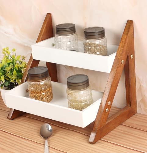 Image of 2-Tier Wooden Countertop Organizer Shelf for Kitchen Counter | Multipurpose Storage Rack for Spice Jars, Oil Bottles, Seasonings, Cosmetics & Plants | Desktop Display Shelf for Bathroom,