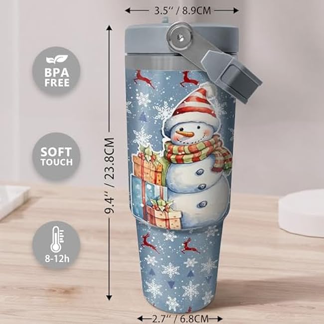 30oz Christmas Snowman Tumbler - Insulated Travel Mug with Lid, Straw, Handle, Ideal for Holiday Gifts, Hand Wash Only