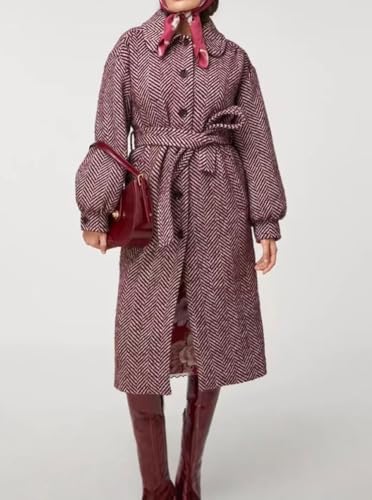 chouyatou Women's Winter Herringbone Single Breasted Wool Coat Long Lantern Sleeve Belted Midi Long Trench Coat2