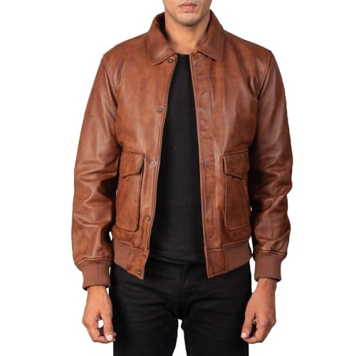 Men's Classic A2 Aviator WWII Flying Tiger Leather Jacket - Pilot Bomber Leather Jacket With Shirt Collar For Men