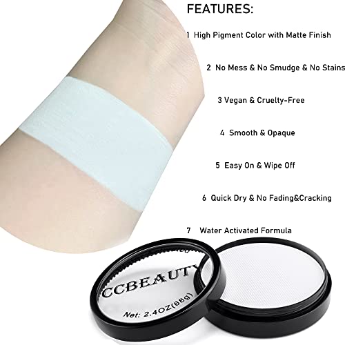 Ccbeauty Clown White Face Body Paint 2.4Oz/68G - Water Activated Professional Face Painting, Non-Toxic Water Based Halloween Makeup Supplies, Easy On Off, Hypoallergenic On Sensitive Skin For Kids Adults #TOP1