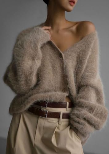 Women's Fuzzy Knit Cardigan Button Down Long Sleeve V Neck Furry Sweater Coat Slouchy Loose Cardigans Outwear2