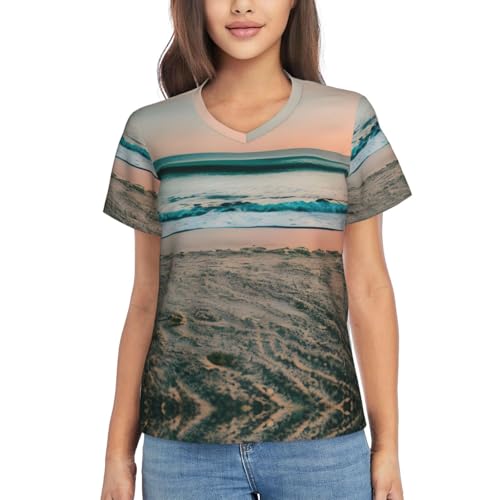 T-shirt col en V femme motif coucher de soleil, vêtement été et printemps léger
