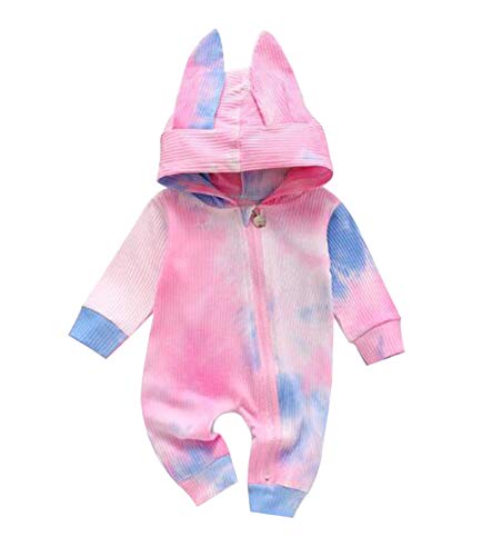 OAKFashion Newborn Baby Boy Girl Tie Dye Outfits Bunny Ear Hoodie Romper Bodysuit Zip Up Pajamas Sleepwear for Infant Fall Winter (A-Colorful, 12-18 Months)